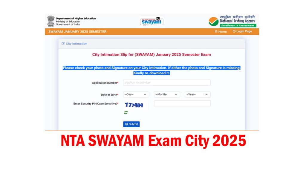 NTA SWAYAM Exam City 2025